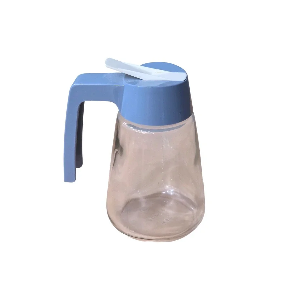 Vintage GEMCO Glass Syrup Dispenser with Blue Plastic Lid and Thumb Lever 6 Inch